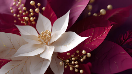 A white papercraft flower with ivory petals and gold bead accents, set against deep burgundy leaves.