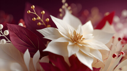 Close-up of a white, star-shaped flower with a golden center, set among burgundy leaves and red berries in a festive arrangement.