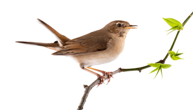A small brown bird with a long tail perched on a thin branch with green leaves against a white background png with transparency