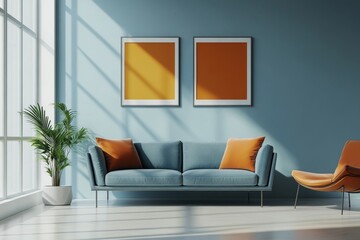 Blue sofa and terra cotta lounge chair against wall with two art posters Minimalist home interior design of modern living room, Generative AI