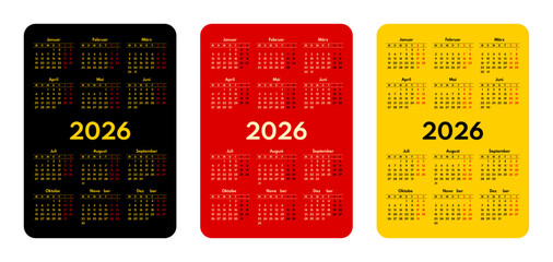 2026 pocket calendar set, simple vertical calendar design template, german language month names, two weekends, monday first, german flag colors