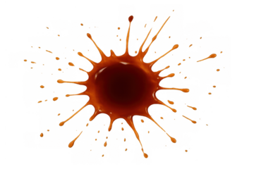 Caramel liquid splashing creating sweet delicious drops and a sticky brown sugar sauce stain on transparent background