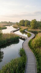 Fototapeta premium Serene Wooden Pathway Curving Through Lush Green Wetlands