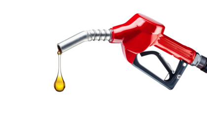 A red gas pump nozzle with a silver hose and a drop of golden liquid dripping from it is shown in close up on white and transparent