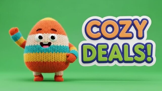 Cute Knitted Character Dancing Next to 'Cozy Deals' Text on Green Background