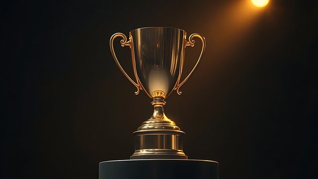 merit. A gleaming trophy stands proudly on a pedestal, reflecting golden light in a dramatic studio setup. event key visuals, club posters, designed for sports event promotions and stadium branding.