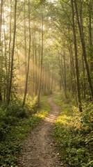 Obraz premium Serene Forest Pathway with Sunlight Filtering Through Trees