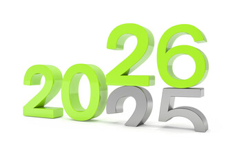 3d render of the numbers 2026 and 25 in green over white background. The number 26 falls on the number 25 and breaks in it in the ground - vacation concept.