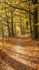 Obraz premium Serene Autumn Pathway Through Golden Leafy Forest in Sunlight