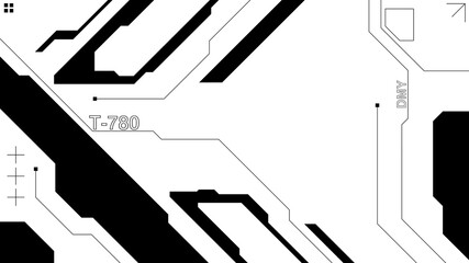Abstract cyberpunk black and white background. Futuristic interface with geometric and technical elements. Digital art suitable for gaming, web design, posters, and branding. Futuristic frame.