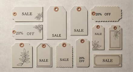 Collection of vintage sale and discount tags with floral accents on a textured background