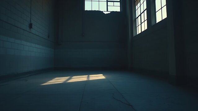 oligarchy. Urban ruin at dusk with soft light through a broken window onto a dusty floor. real-estate listings.