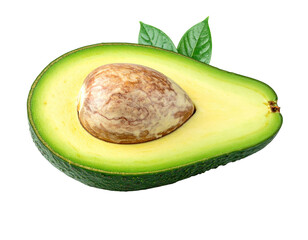 Avocado half with pit and leaves, isolated view