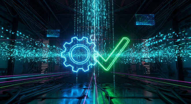 Digital process optimization and successful system validation. Glowing gear and checkmark icons symbolize efficiency, quality assurance, and advanced technology solution - Powered by Adobe