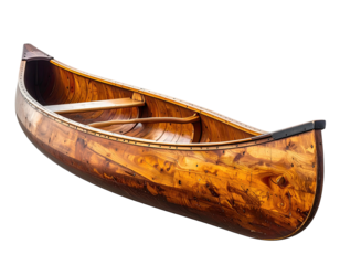 Wooden canoe gleams, detailed grain, black background
