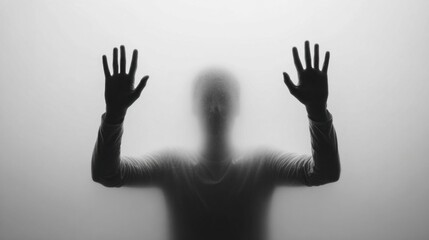 Silhouette of a person pressing against a frosted glass surface