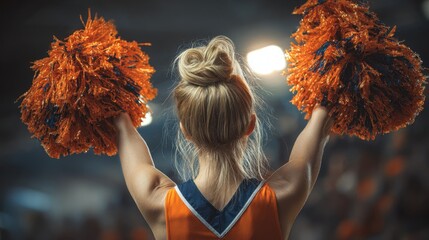 Energetic cheerleader performs vibrant dance with orange pom poms in lively sports arena during an exciting game