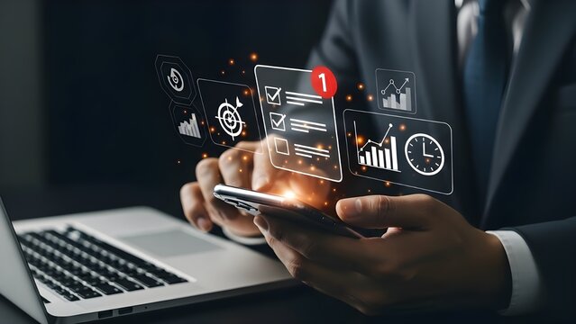 Businessman's hand is pushing a virtual button on a touchscreen interface, illustrating a global business technology concept for data network management