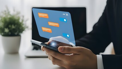 Businessman holding a digital tablet with a touch screen for mobile communication and business work