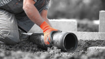 Installation of sewage plastic pipe in construction site during daylight