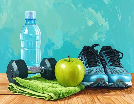 Fitness Apple, water, dumbbell, shoes on painted backdrop - Powered by Adobe
