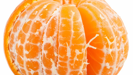 Sliced orange displaying juicy segments on white background  