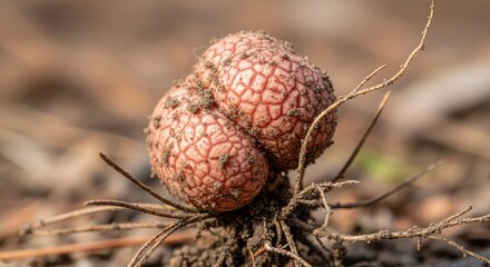 Close-up view of a unique, reddish-brown fungal growth, textured and segmented, emerging from the earth with surrounding dirt and tiny roots
