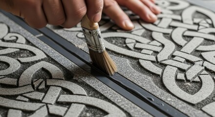 Artisan hand carefully applying dark sealant into intricate Celtic-inspired pattern grooves