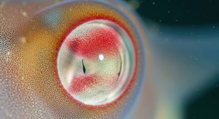 Close-up underwater shot showcasing a vibrant cephalopod eye. Details of the pupil, iris, and surrounding skin are highly visible. Delicate textures and colors create a captivating image