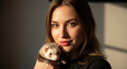 Obraz premium A young woman, illuminated by sunlight, smiles as she cradles a small ferret. The creature looks at the camera. The background is a soft, undefined space with warm tones
