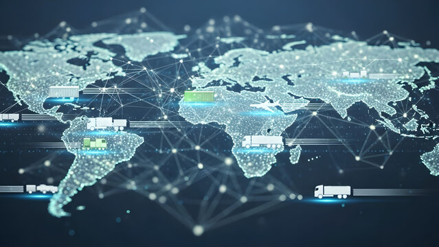 Global logistics network and supply chain concept on a world map. International freight transportation for worldwide shipping and trade