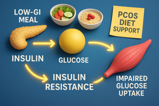 PCOS diet support diagram explains insulin resistance pathway with glucose metabolism. low GI meal offers supportive nutritional concept for improved metabolic health