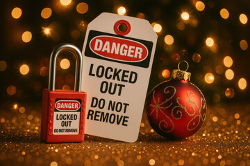 Festive industrial lockout tagout scene showing red safety padlock next to danger tag and Christmas ornament. holiday background has warm sparkle and lighting