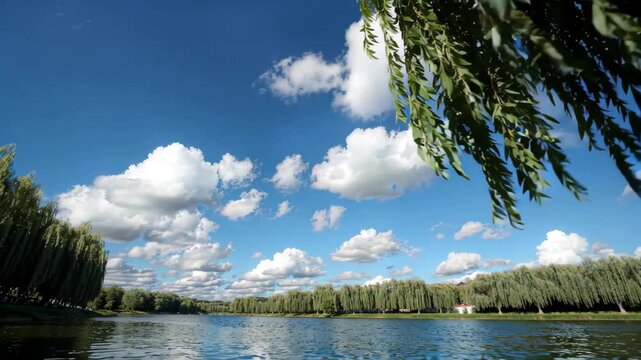 Lake weeping willows blue sky white clouds natural scenery lake light tree shadow white clouds blue