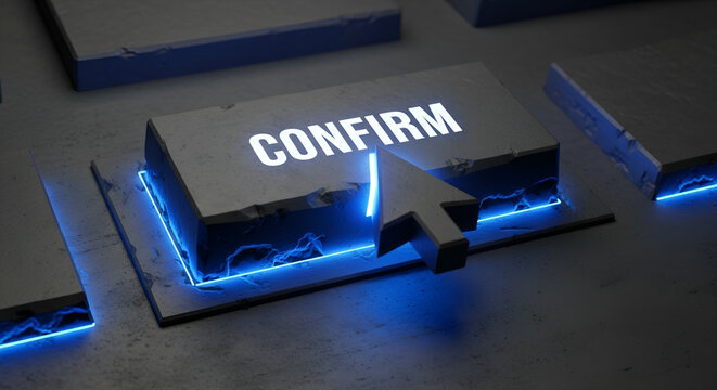 A glowing blue cursor hovers over a futuristic stone confirm button, symbolizing a crucial digital decision and final action