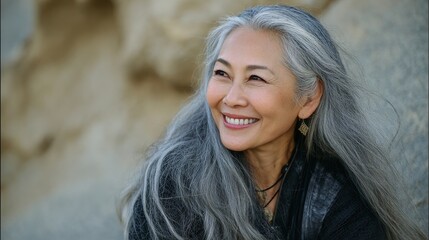 Smiling woman with long gray hair poses against a rocky background during golden hour sunlight