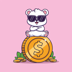 Cute Vector Illustration of a White Bear in Sunglasses Sitting on Giant Dollar Coin with Leaves and Pink Background