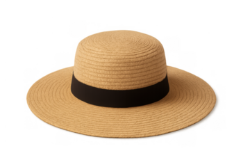 Straw hat featuring a flat top and wide brim, accented with a black ribbon, essential for summer and travel