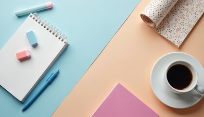 Flat lay composition with blank notebook pen and coffee cup. Pastel color background with stationery supplies for planning work. Minimalist desk setup.