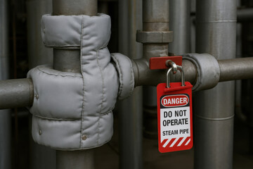 Bright red danger tag showing serious warning to not operate locked steam pipe. industrial maintenance scenario features lockout bar on an insulated pipe junction