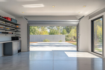 Spacious home garage with tool shelves view from inside the garage