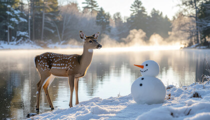 Naklejka premium Young deer stands by snowman near serene, misty lake in winter forest, creating peaceful and whimsical scene