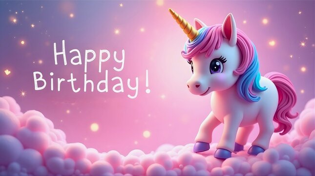 Unicorn birthday card with pastel mane, pink cloud, glowing stars and magical gradient background