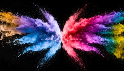 Colorful powder bursts explode symmetrically against a black background, creating vivid shapes