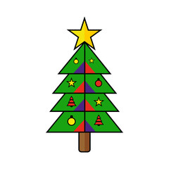 Flat Design Christmas Tree Vector Icon with Star and Geometric Ornaments