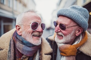 Two happy senior male friends enjoying their time outdoors in a vibrant street setting during a chilly afternoon in the heart of the city