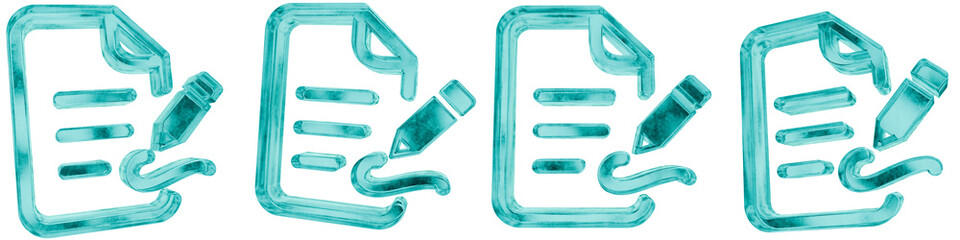 Set of four 3D sign document shapes in frosted blue ice glass style, isolated on a transparent background. Glassmorphism icons and 3D elements for modern graphic design.
