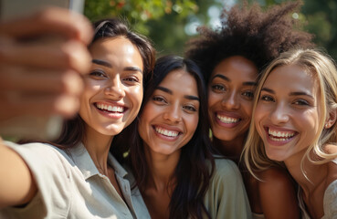 Group of diverse smiling women taking selfie together outdoors. Happy female friends or colleagues pose for photo. Concept of inclusion acceptance of diversity and female empowerment.