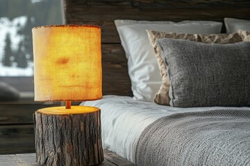Natural log lampshade near bed. Rustic interior design of modern bedroom, Generative AI