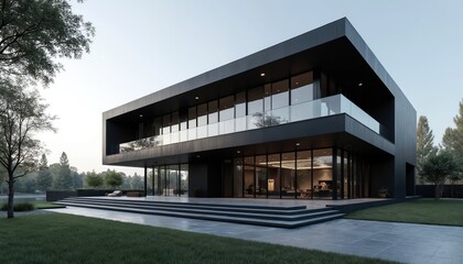 Modern black house exterior. Contemporary architectural design with large glass windows. Luxury home with green lawn, trees. Stylish facade of building. Residential real estate design. Day exterior.